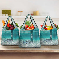 Striped Bass Fishing Grocery Bag with Underwater Ocean Scene and Teal Water Pattern - Wonder Print Shop