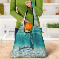 Striped Bass Fishing Grocery Bag with Underwater Ocean Scene and Teal Water Pattern - Wonder Print Shop