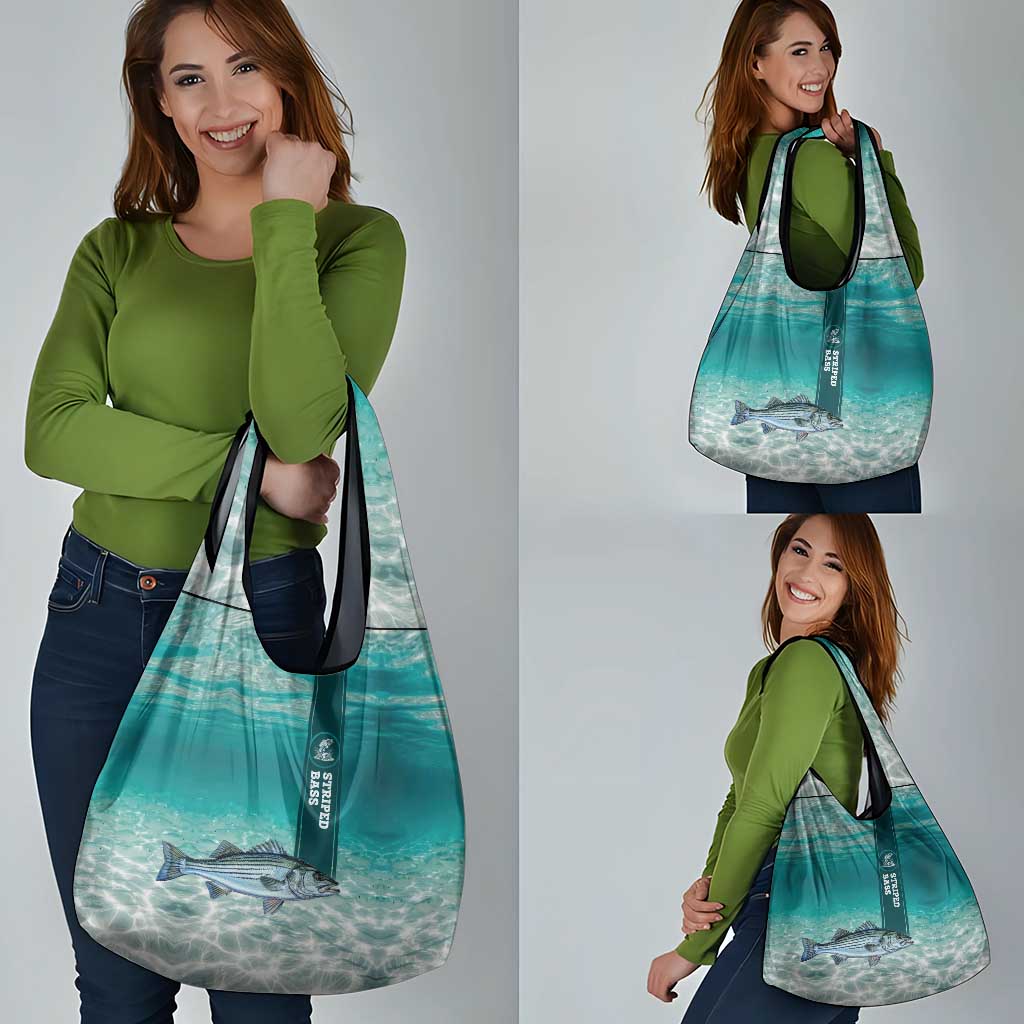 Striped Bass Fishing Grocery Bag with Underwater Ocean Scene and Teal Water Pattern - Wonder Print Shop
