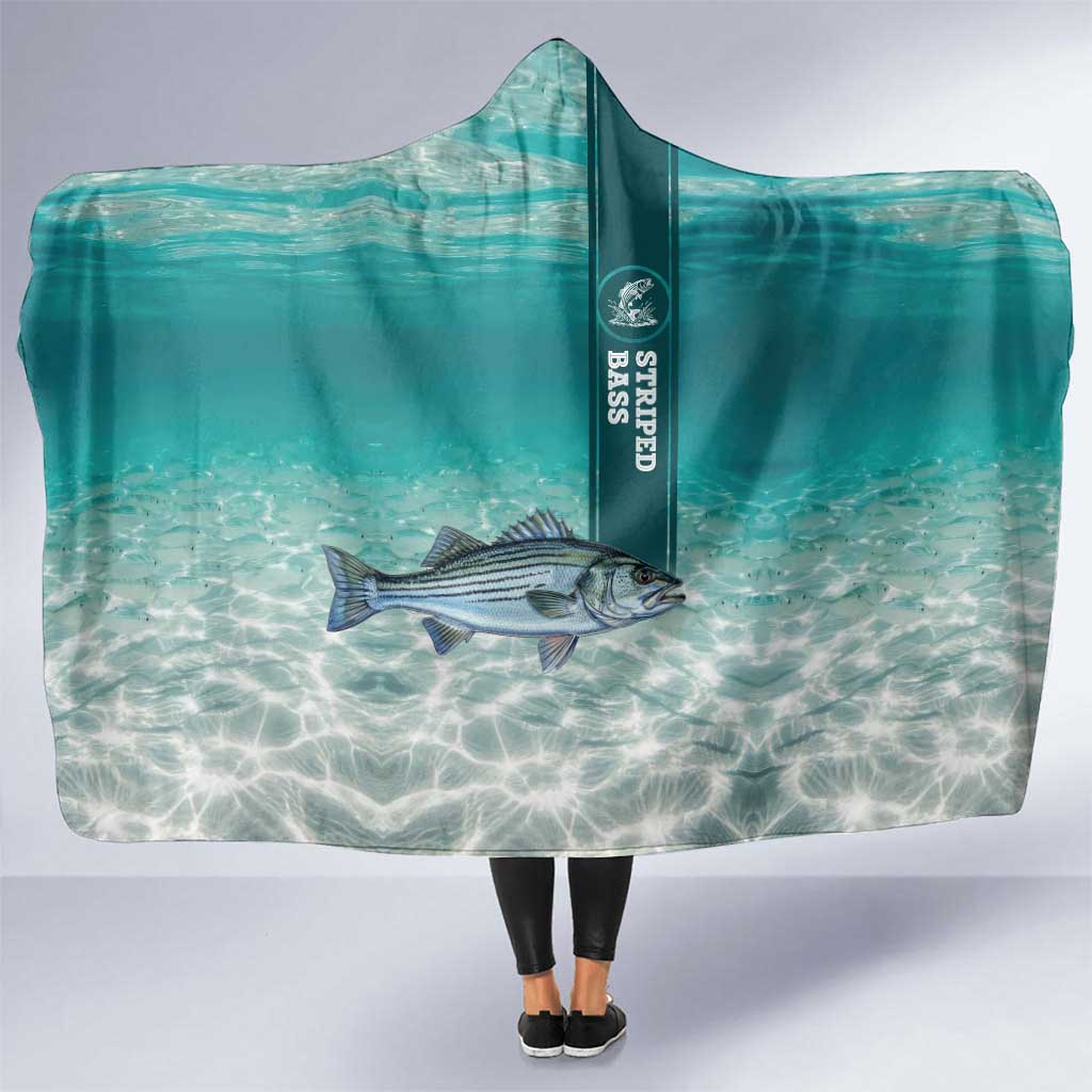 Striped Bass Fishing Hooded Blanket with Underwater Ocean Scene and Teal Water Pattern - Wonder Print Shop