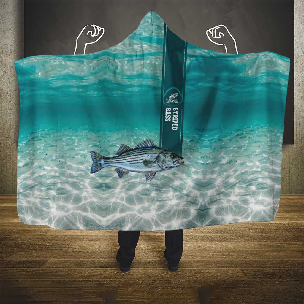 Striped Bass Fishing Hooded Blanket with Underwater Ocean Scene and Teal Water Pattern - Wonder Print Shop