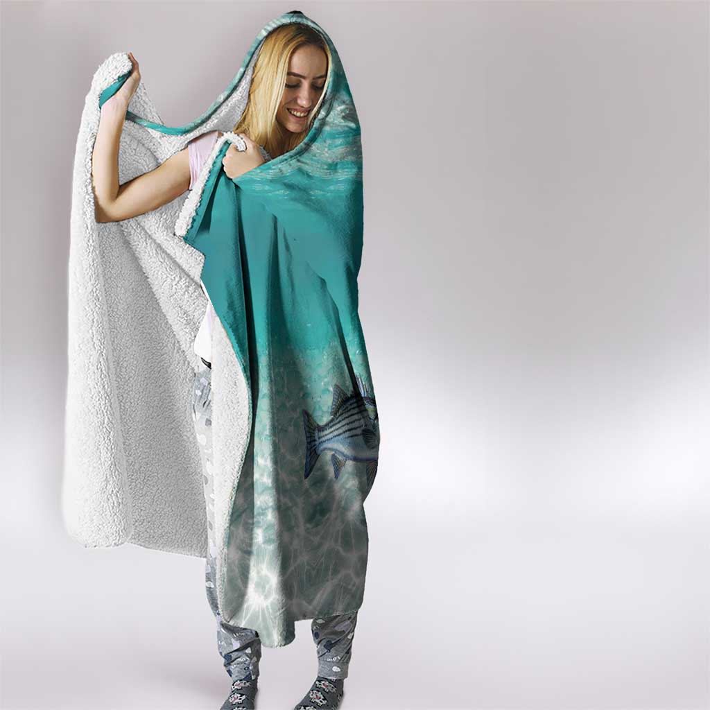 Striped Bass Fishing Hooded Blanket with Underwater Ocean Scene and Teal Water Pattern - Wonder Print Shop