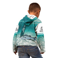 Striped Bass Fishing Kid Hoodie with Underwater Ocean Scene and Teal Water Pattern - Wonder Print Shop