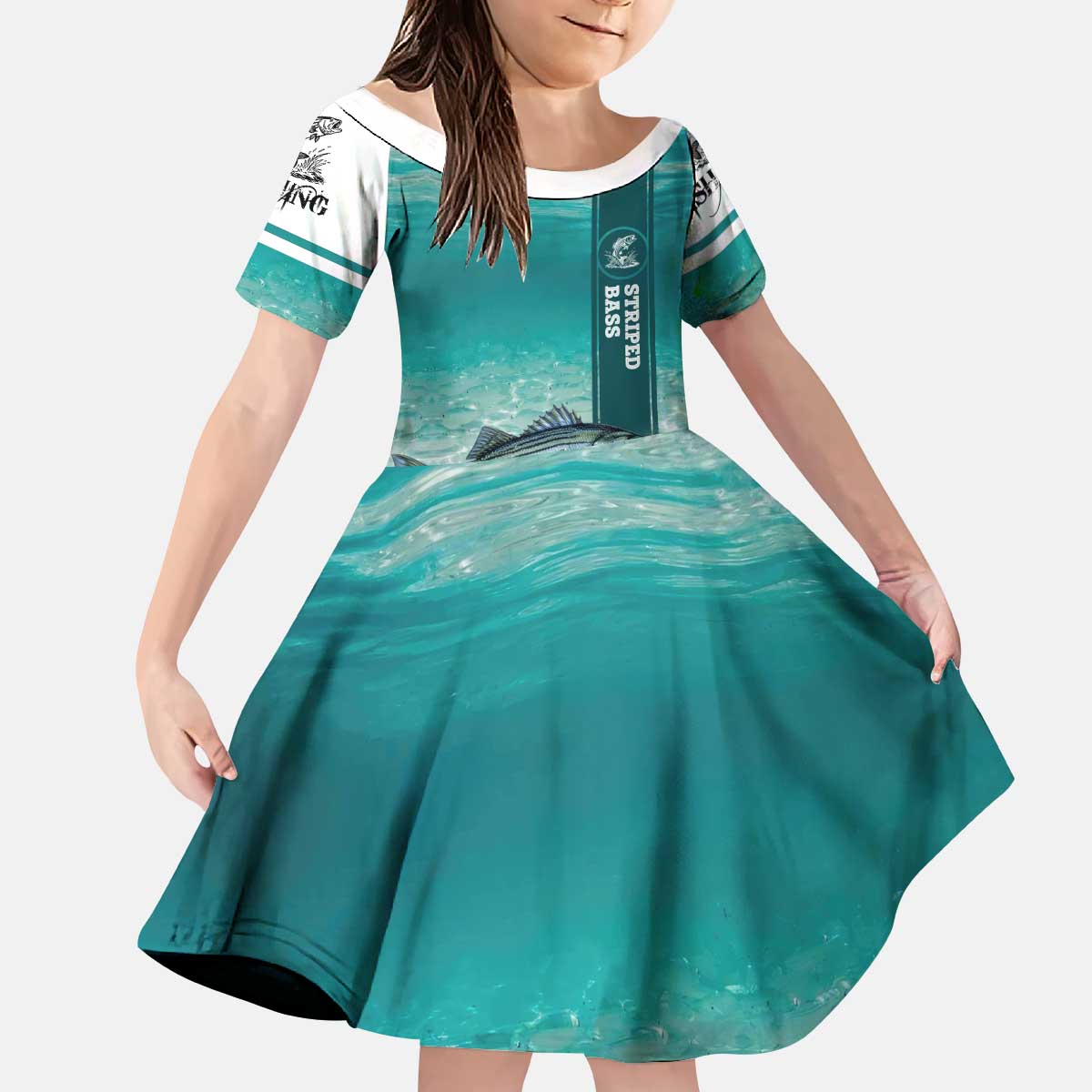 Striped Bass Fishing Kid Short Sleeve Dress with Underwater Ocean Scene and Teal Water Pattern - Wonder Print Shop