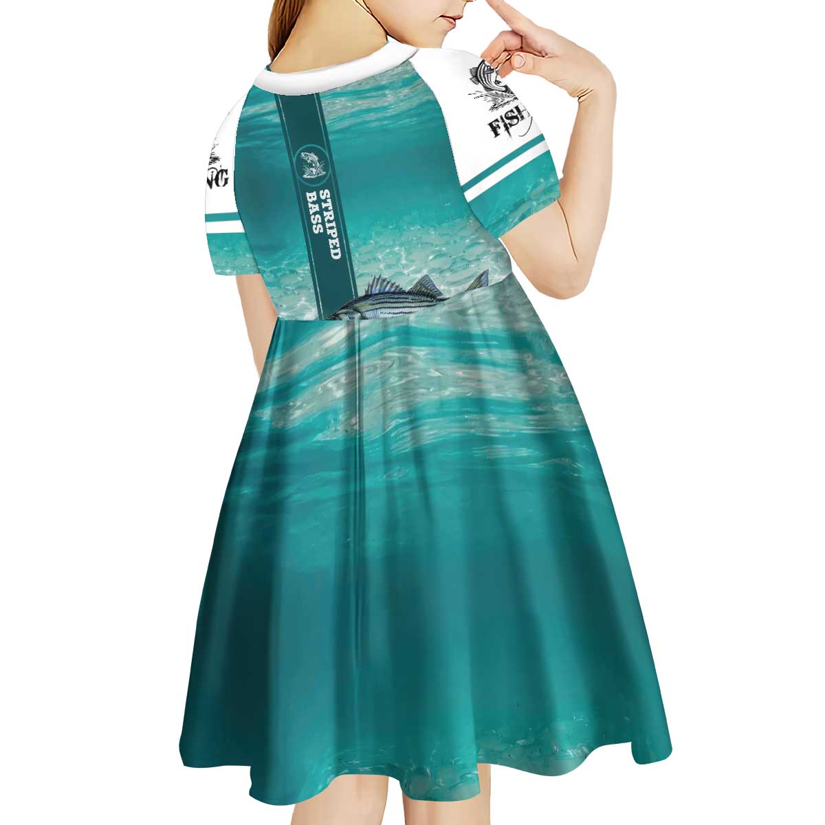 Striped Bass Fishing Kid Short Sleeve Dress with Underwater Ocean Scene and Teal Water Pattern - Wonder Print Shop