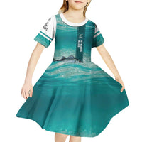 Striped Bass Fishing Kid Short Sleeve Dress with Underwater Ocean Scene and Teal Water Pattern - Wonder Print Shop