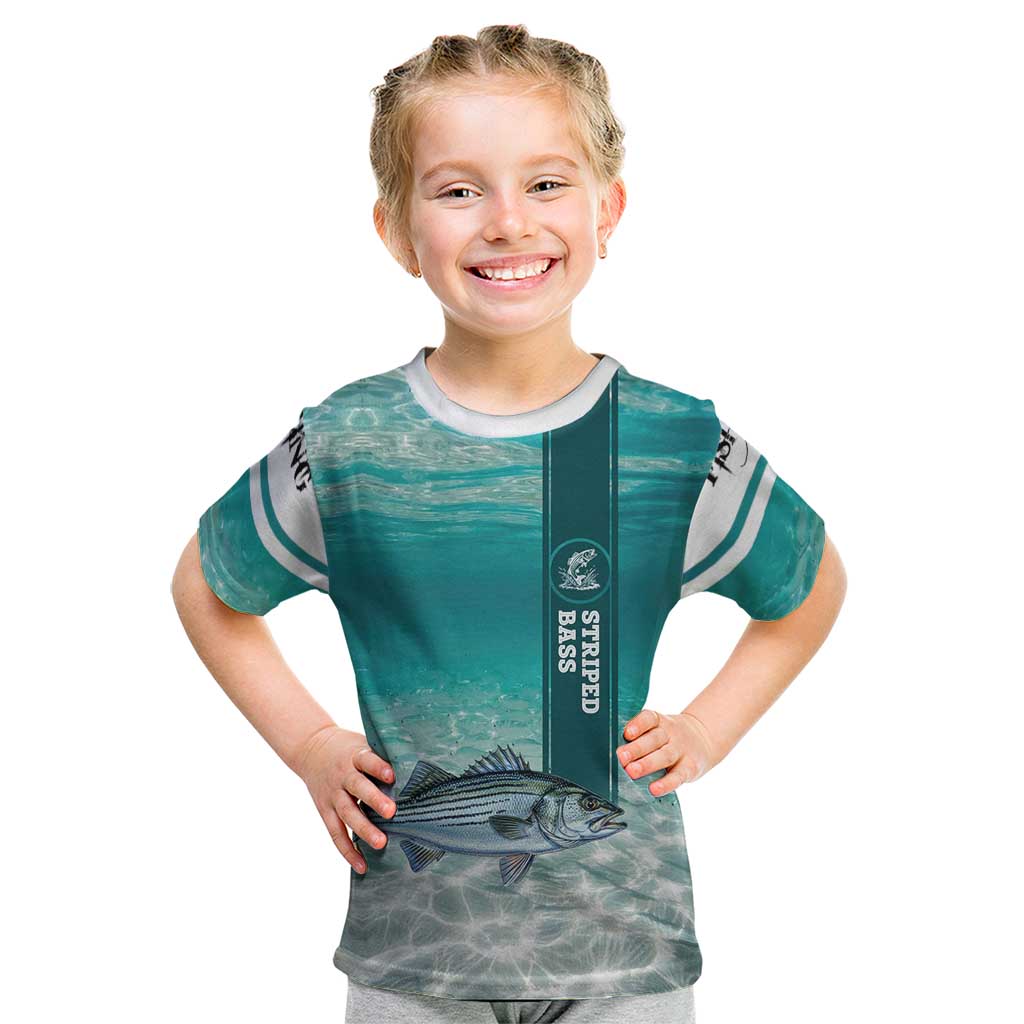 Striped Bass Fishing Kid T Shirt with Underwater Ocean Scene and Teal Water Pattern - Wonder Print Shop