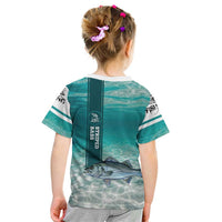 Striped Bass Fishing Kid T Shirt with Underwater Ocean Scene and Teal Water Pattern - Wonder Print Shop