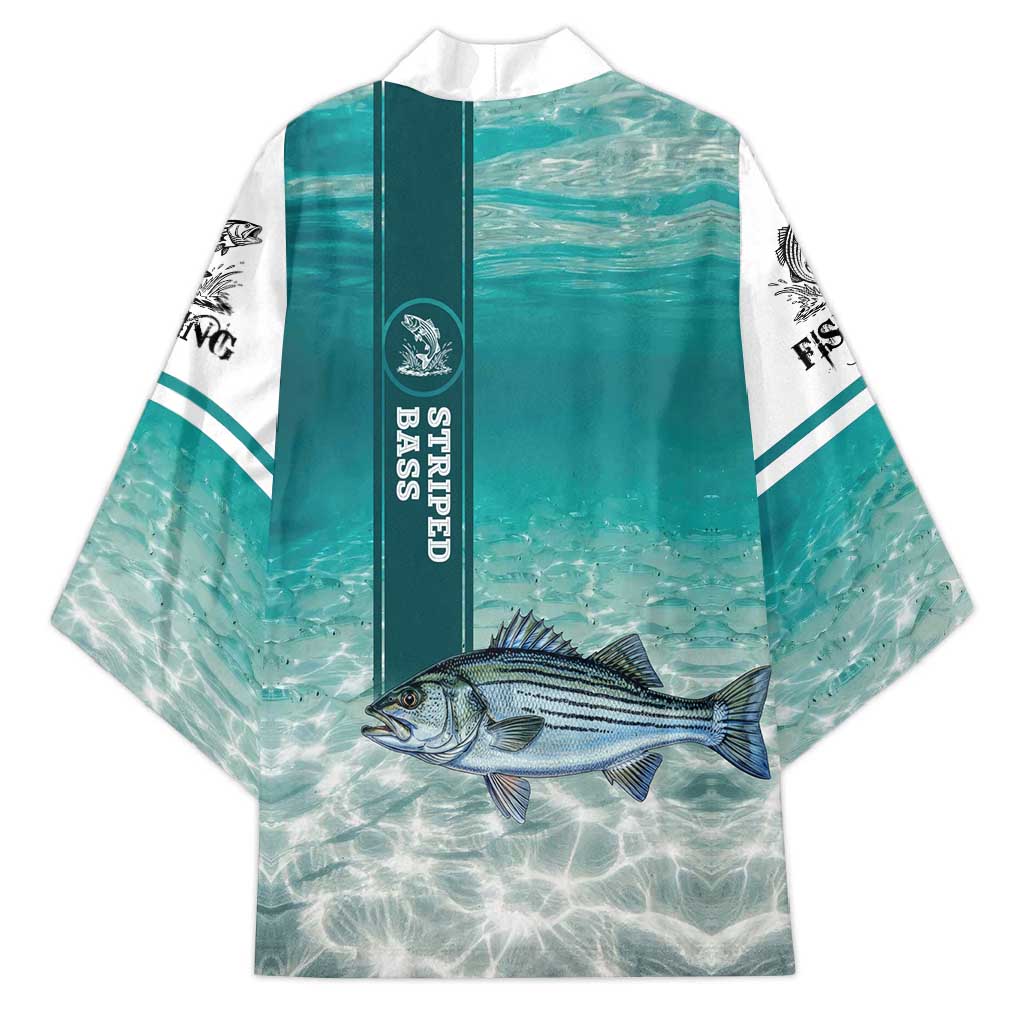 Striped Bass Fishing Kimono with Underwater Ocean Scene and Teal Water Pattern - Wonder Print Shop