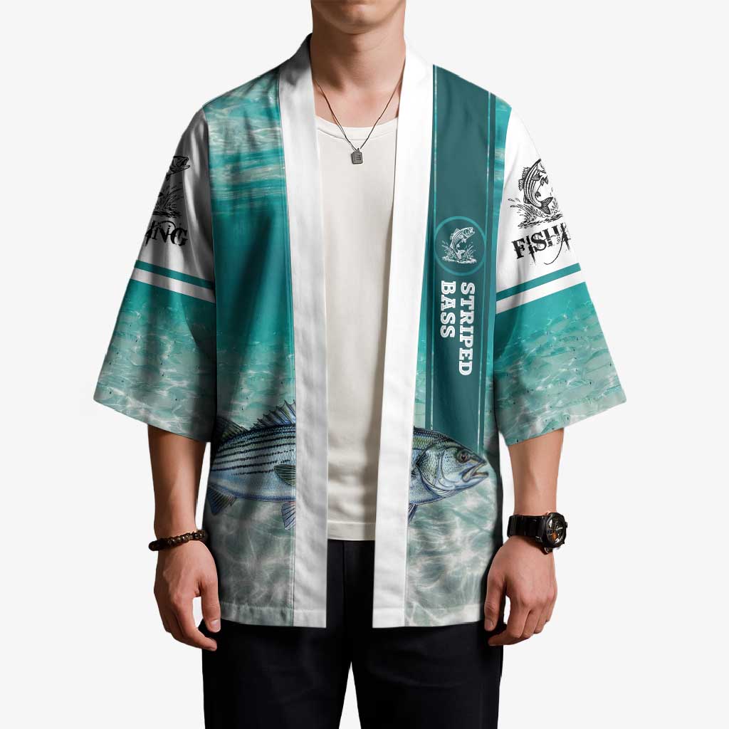 Striped Bass Fishing Kimono with Underwater Ocean Scene and Teal Water Pattern - Wonder Print Shop