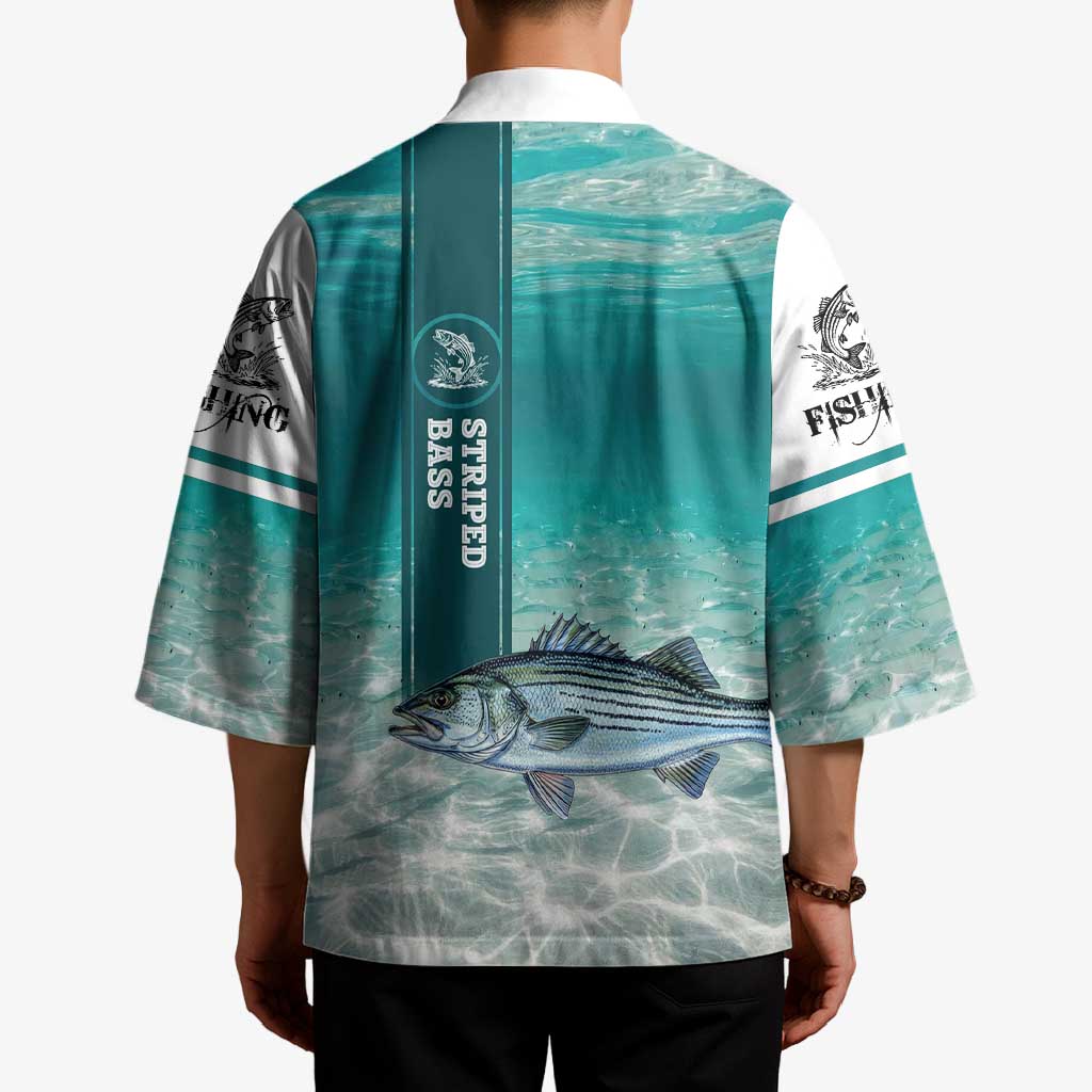 Striped Bass Fishing Kimono with Underwater Ocean Scene and Teal Water Pattern - Wonder Print Shop