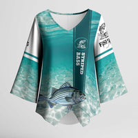 Striped Bass Fishing Kimono Sleeve Blouse with Underwater Ocean Scene and Teal Water Pattern - Wonder Print Shop