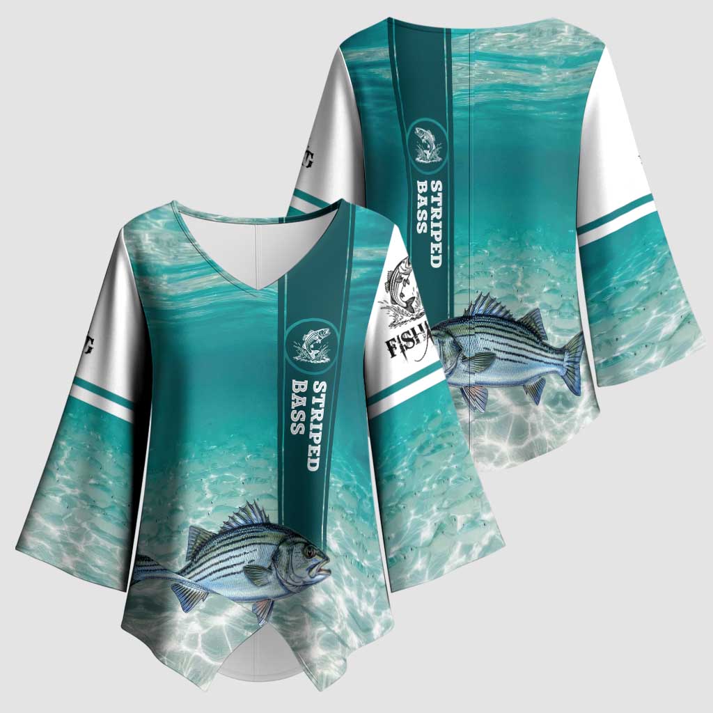 Striped Bass Fishing Kimono Sleeve Blouse with Underwater Ocean Scene and Teal Water Pattern - Wonder Print Shop