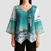 Striped Bass Fishing Kimono Sleeve Blouse with Underwater Ocean Scene and Teal Water Pattern - Wonder Print Shop