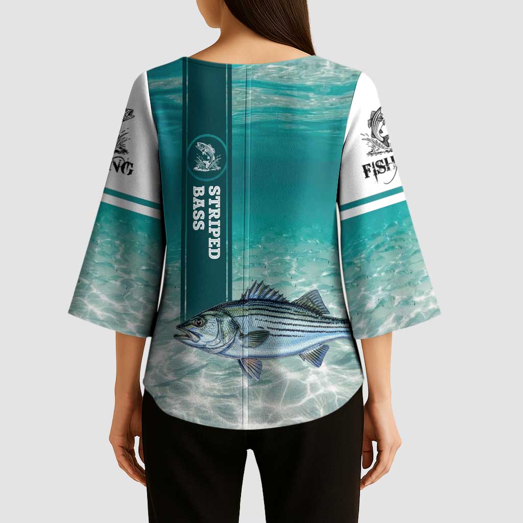 Striped Bass Fishing Kimono Sleeve Blouse with Underwater Ocean Scene and Teal Water Pattern - Wonder Print Shop