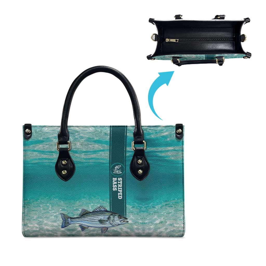 Striped Bass Fishing Leather Bag with Underwater Ocean Scene and Teal Water Pattern - Wonder Print Shop