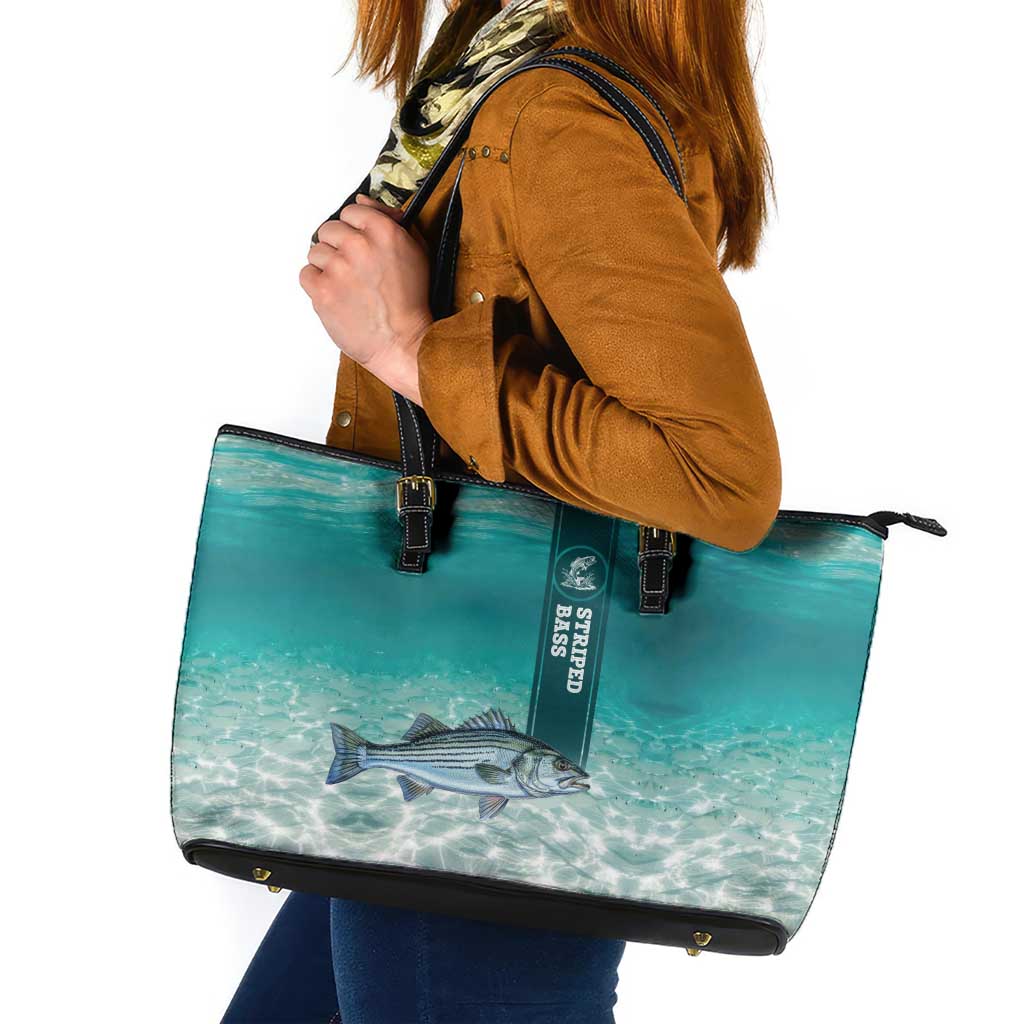 Striped Bass Fishing Leather Tote Bag with Underwater Ocean Scene and Teal Water Pattern - Wonder Print Shop