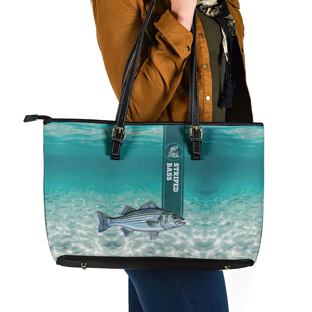 Striped Bass Fishing Leather Tote Bag with Underwater Ocean Scene and Teal Water Pattern - Wonder Print Shop