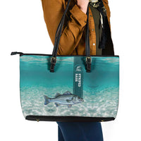 Striped Bass Fishing Leather Tote Bag with Underwater Ocean Scene and Teal Water Pattern - Wonder Print Shop