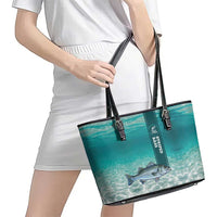Striped Bass Fishing Leather Tote Bag with Underwater Ocean Scene and Teal Water Pattern - Wonder Print Shop