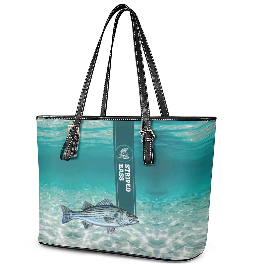 Striped Bass Fishing Leather Tote Bag with Underwater Ocean Scene and Teal Water Pattern - Wonder Print Shop