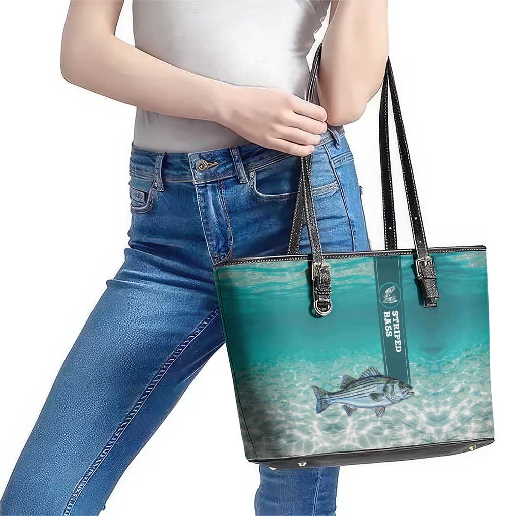 Striped Bass Fishing Leather Tote Bag with Underwater Ocean Scene and Teal Water Pattern - Wonder Print Shop