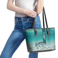 Striped Bass Fishing Leather Tote Bag with Underwater Ocean Scene and Teal Water Pattern - Wonder Print Shop