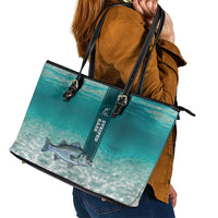 Striped Bass Fishing Leather Tote Bag with Underwater Ocean Scene and Teal Water Pattern - Wonder Print Shop