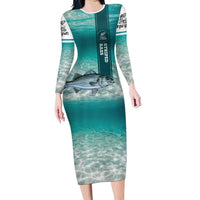 Striped Bass Fishing Long Sleeve Bodycon Dress with Underwater Ocean Scene and Teal Water Pattern - Wonder Print Shop
