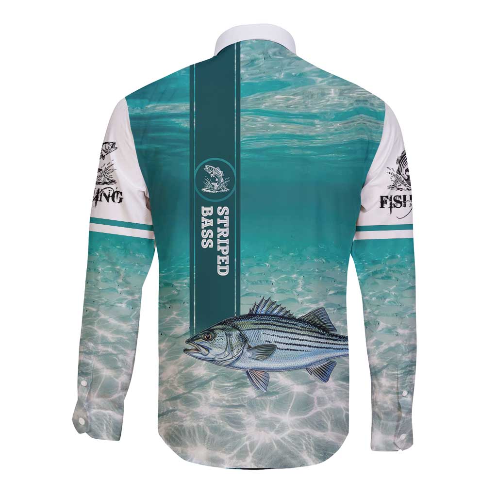 Striped Bass Fishing Long Sleeve Button Shirt with Underwater Ocean Scene and Teal Water Pattern - Wonder Print Shop