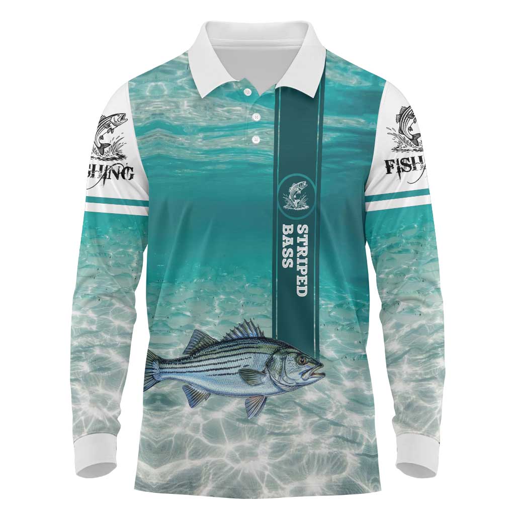 Striped Bass Fishing Long Sleeve Polo Shirt with Underwater Ocean Scene and Teal Water Pattern - Wonder Print Shop