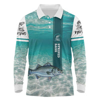 Striped Bass Fishing Long Sleeve Polo Shirt with Underwater Ocean Scene and Teal Water Pattern - Wonder Print Shop