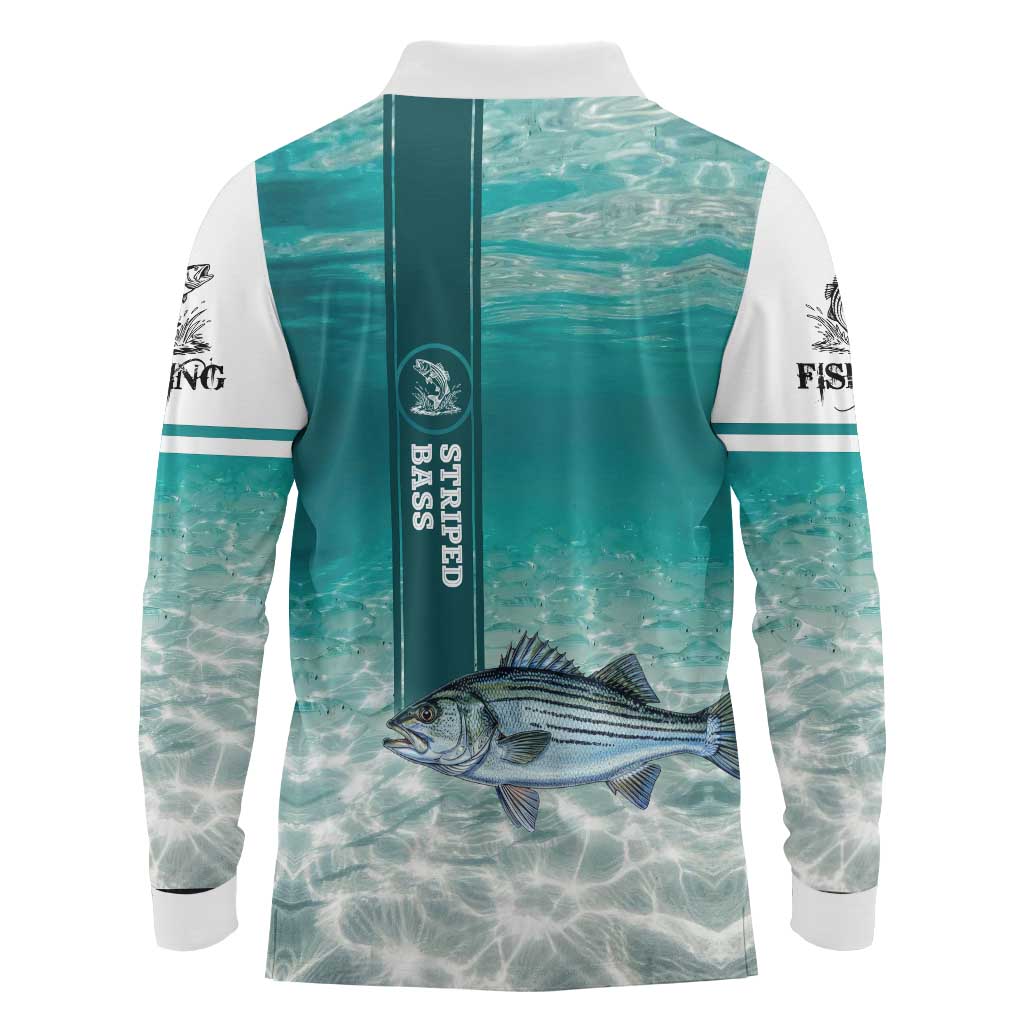 Striped Bass Fishing Long Sleeve Polo Shirt with Underwater Ocean Scene and Teal Water Pattern - Wonder Print Shop