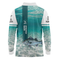 Striped Bass Fishing Long Sleeve Polo Shirt with Underwater Ocean Scene and Teal Water Pattern - Wonder Print Shop