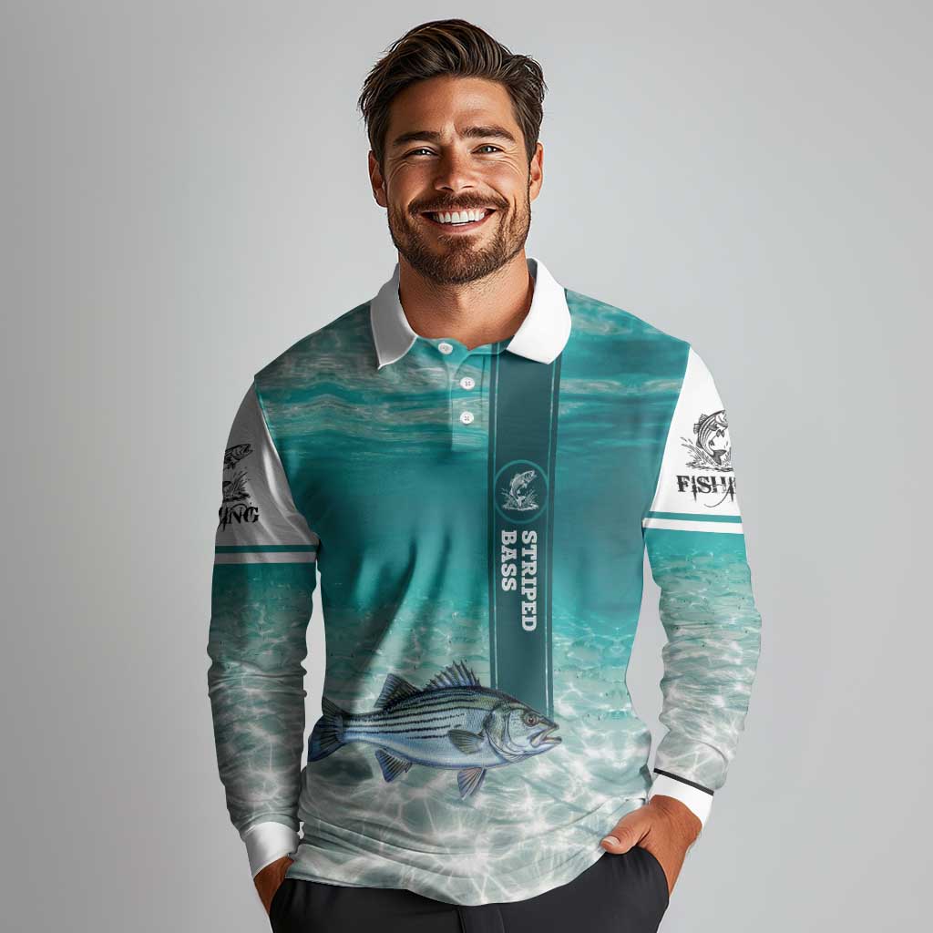 Striped Bass Fishing Long Sleeve Polo Shirt with Underwater Ocean Scene and Teal Water Pattern - Wonder Print Shop