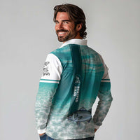 Striped Bass Fishing Long Sleeve Polo Shirt with Underwater Ocean Scene and Teal Water Pattern - Wonder Print Shop