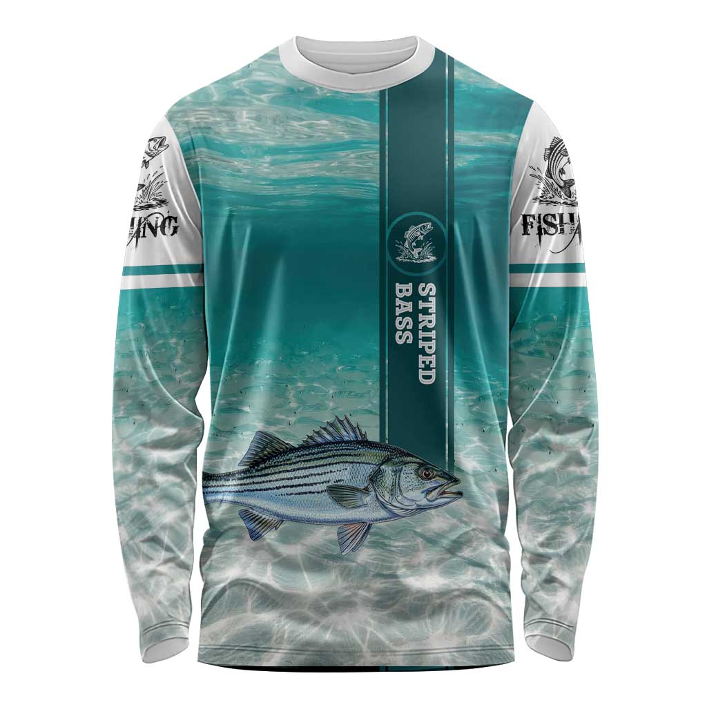 Striped Bass Fishing Long Sleeve Shirt with Underwater Ocean Scene and Teal Water Pattern - Wonder Print Shop