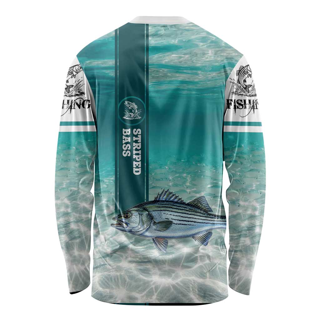 Striped Bass Fishing Long Sleeve Shirt with Underwater Ocean Scene and Teal Water Pattern - Wonder Print Shop