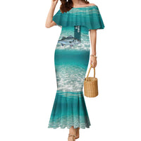 Striped Bass Fishing Mermaid Dress with Underwater Ocean Scene and Teal Water Pattern - Wonder Print Shop
