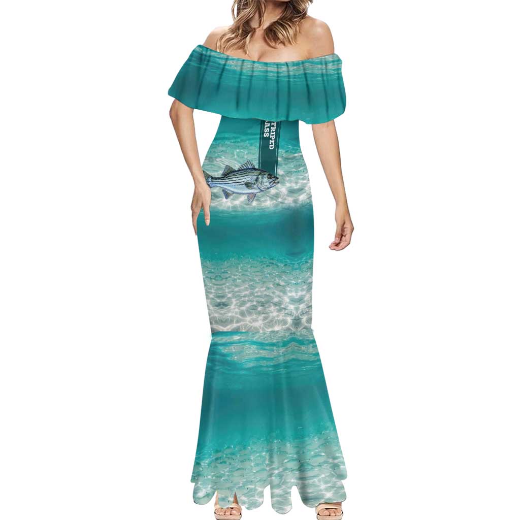 Striped Bass Fishing Mermaid Dress with Underwater Ocean Scene and Teal Water Pattern - Wonder Print Shop