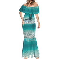 Striped Bass Fishing Mermaid Dress with Underwater Ocean Scene and Teal Water Pattern - Wonder Print Shop