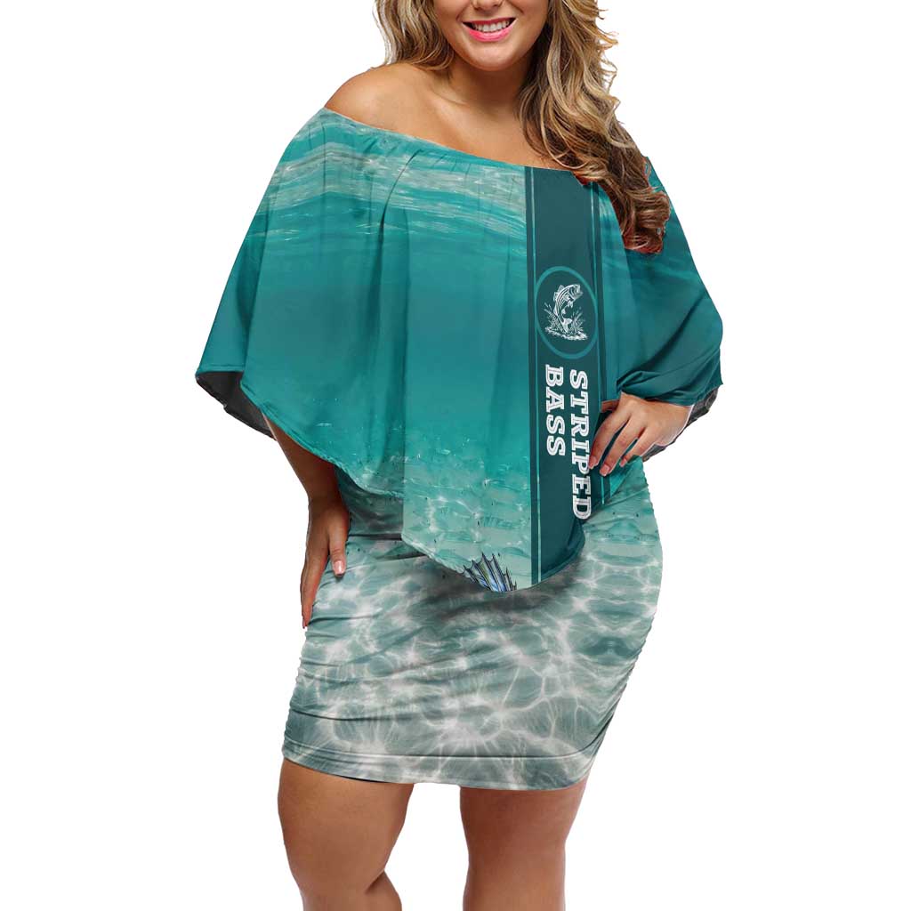 Striped Bass Fishing Off Shoulder Short Dress with Underwater Ocean Scene and Teal Water Pattern - Wonder Print Shop