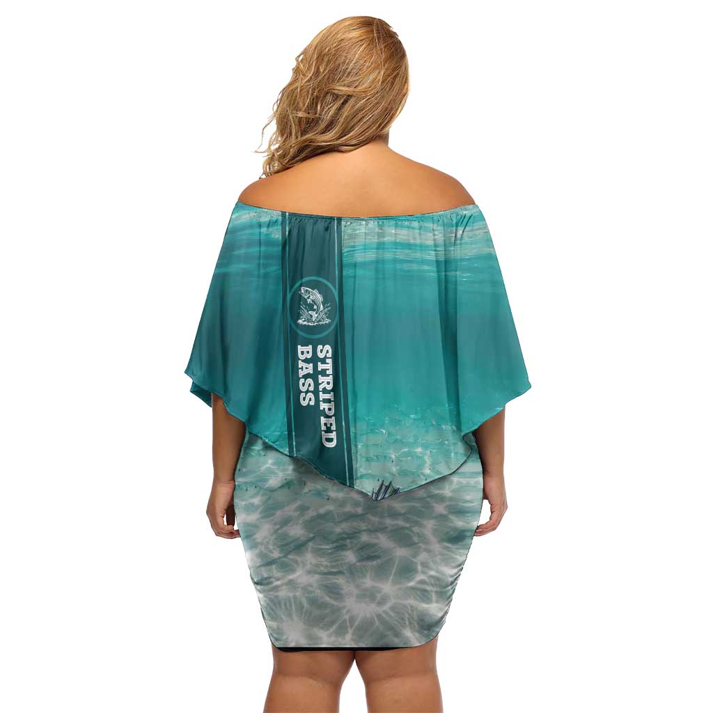 Striped Bass Fishing Off Shoulder Short Dress with Underwater Ocean Scene and Teal Water Pattern - Wonder Print Shop