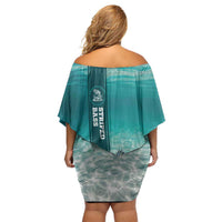 Striped Bass Fishing Off Shoulder Short Dress with Underwater Ocean Scene and Teal Water Pattern - Wonder Print Shop