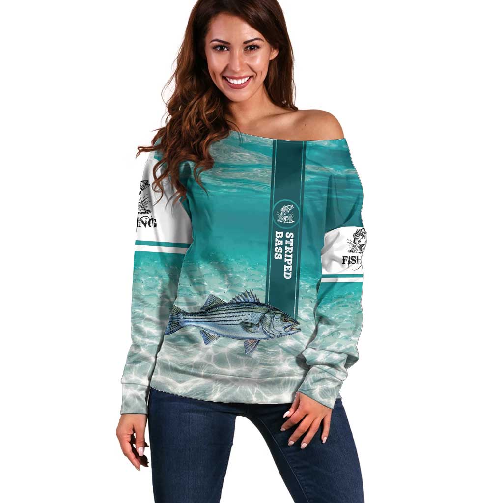 Striped Bass Fishing Off Shoulder Sweater with Underwater Ocean Scene and Teal Water Pattern - Wonder Print Shop