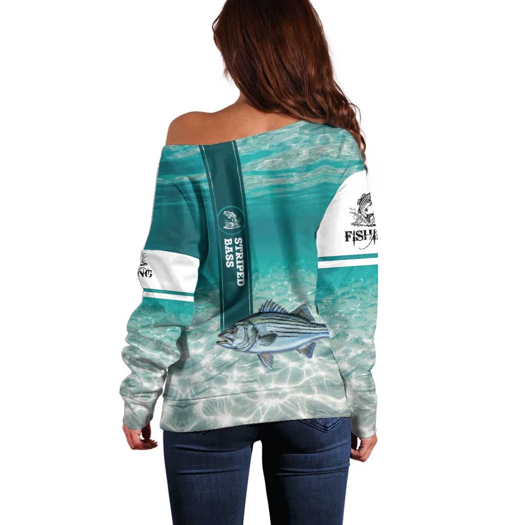 Striped Bass Fishing Off Shoulder Sweater with Underwater Ocean Scene and Teal Water Pattern - Wonder Print Shop