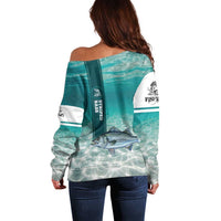 Striped Bass Fishing Off Shoulder Sweater with Underwater Ocean Scene and Teal Water Pattern - Wonder Print Shop