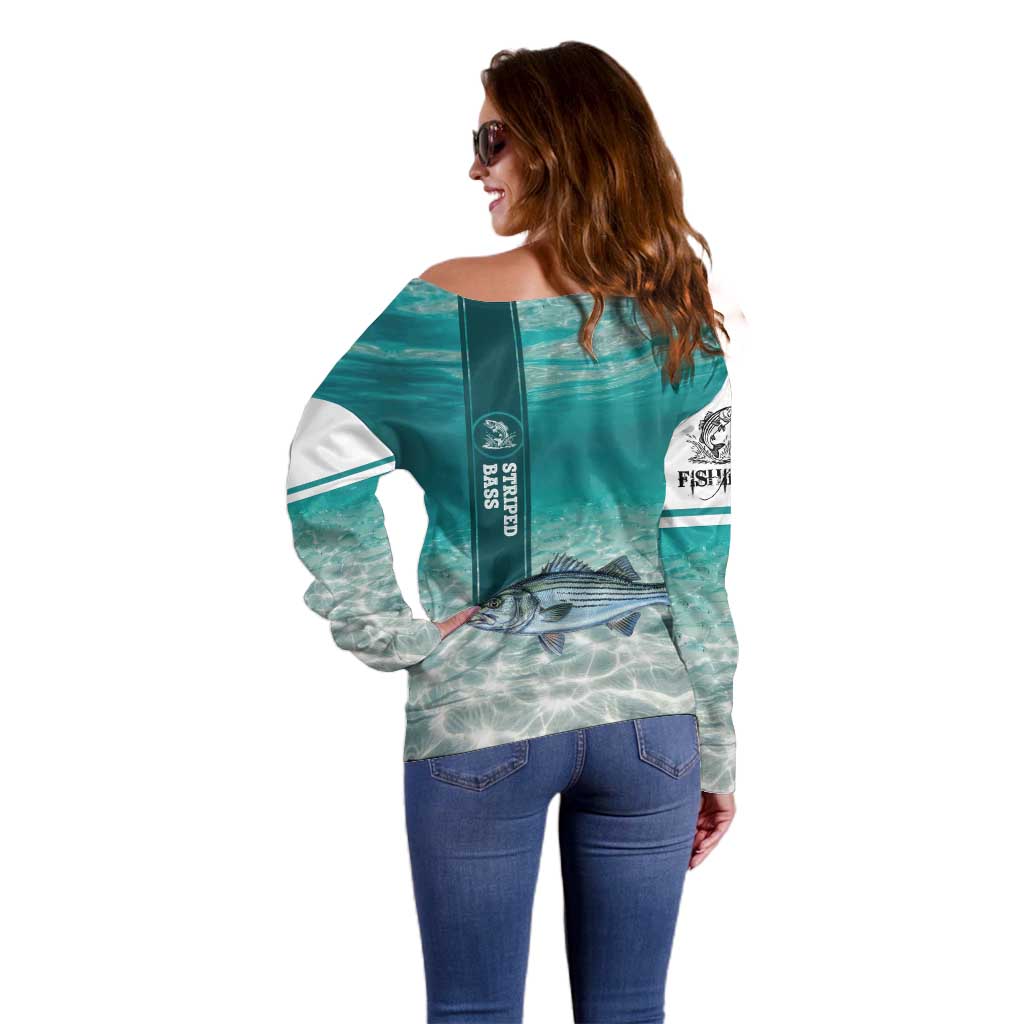 Striped Bass Fishing Off Shoulder Sweater with Underwater Ocean Scene and Teal Water Pattern - Wonder Print Shop