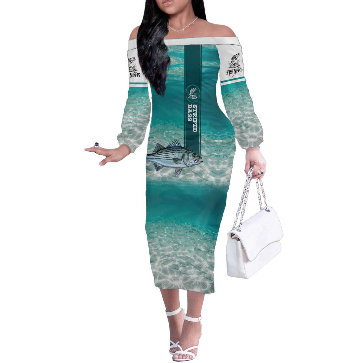 Striped Bass Fishing Off The Shoulder Long Sleeve Dress with Underwater Ocean Scene and Teal Water Pattern - Wonder Print Shop