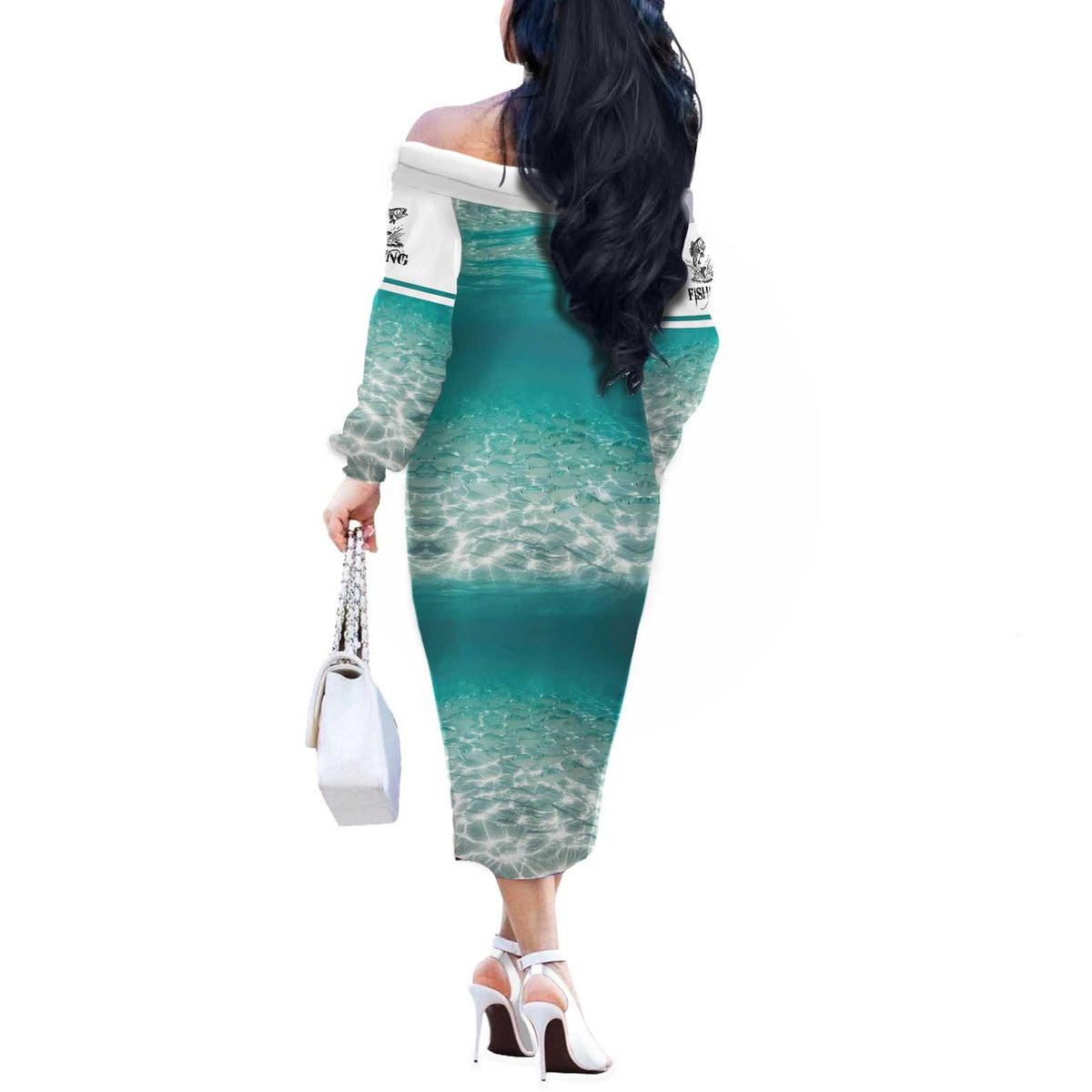 Striped Bass Fishing Off The Shoulder Long Sleeve Dress with Underwater Ocean Scene and Teal Water Pattern - Wonder Print Shop